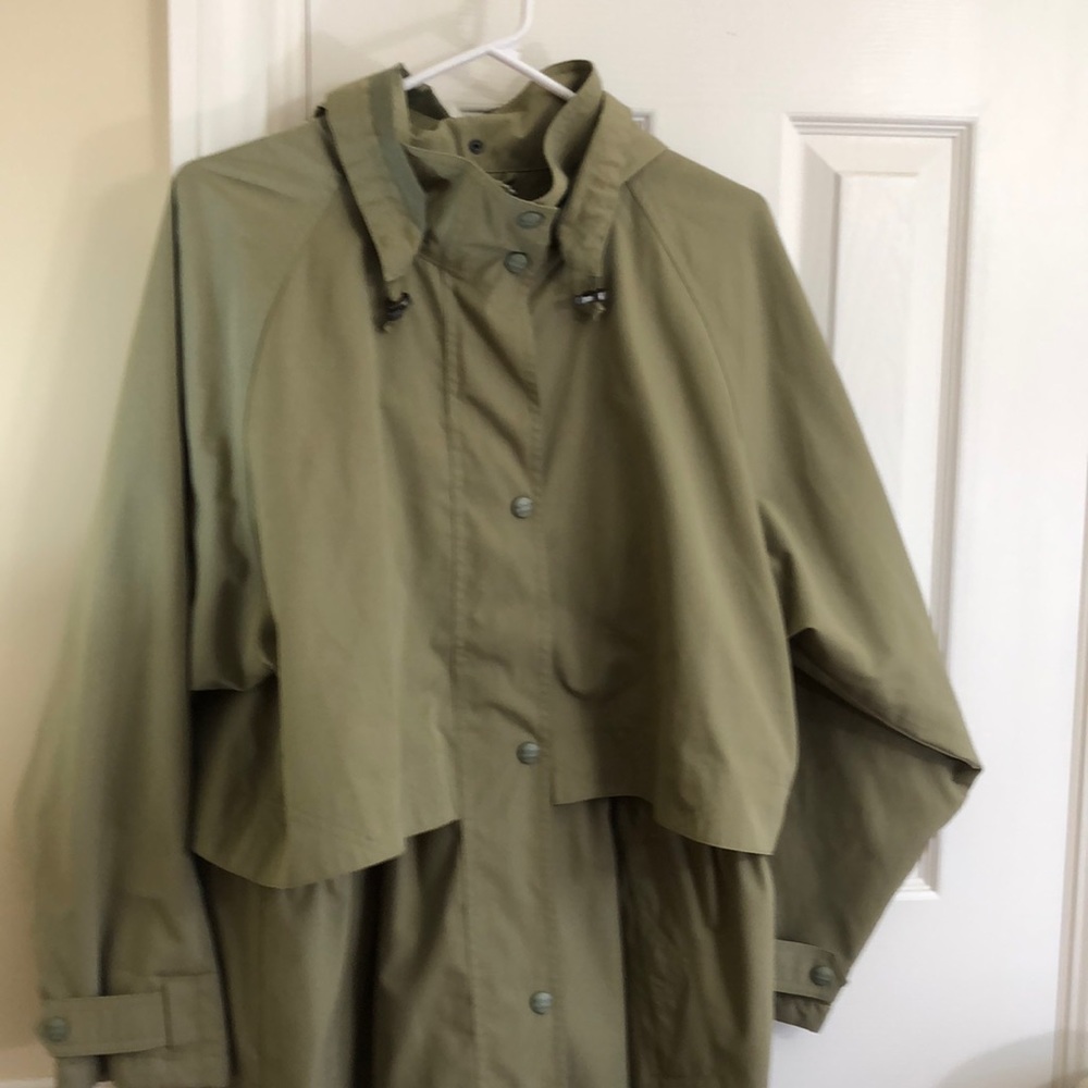 LLBean moss green long raincoat with visored hood